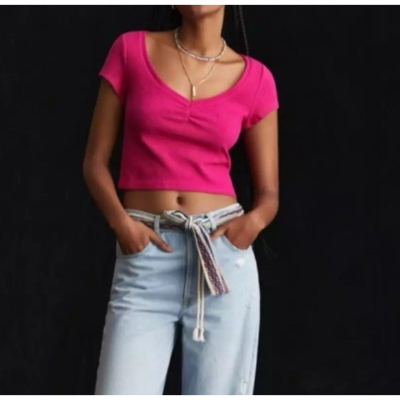 Anthropologie Top Womens M Pink Textured Knit Short Sleeve Ruched Bust Stretchy - Picture 4 of 8